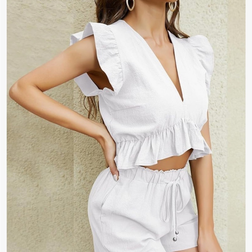 Fancy Inn White Cotton Ruffle Cropped Top Size Large - Picture 4 of 12